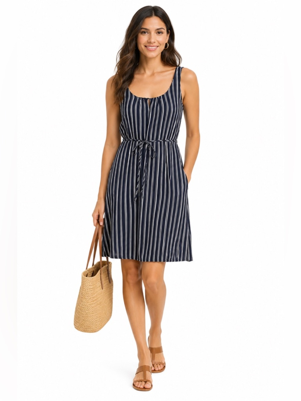 RW&Co. Blue White Striped Sleeveless Tie Waist Cute Feminine Classic MIDI Dress